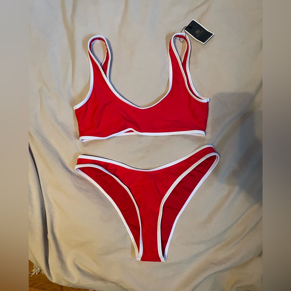 Chic Red Bikini Set with White Accents